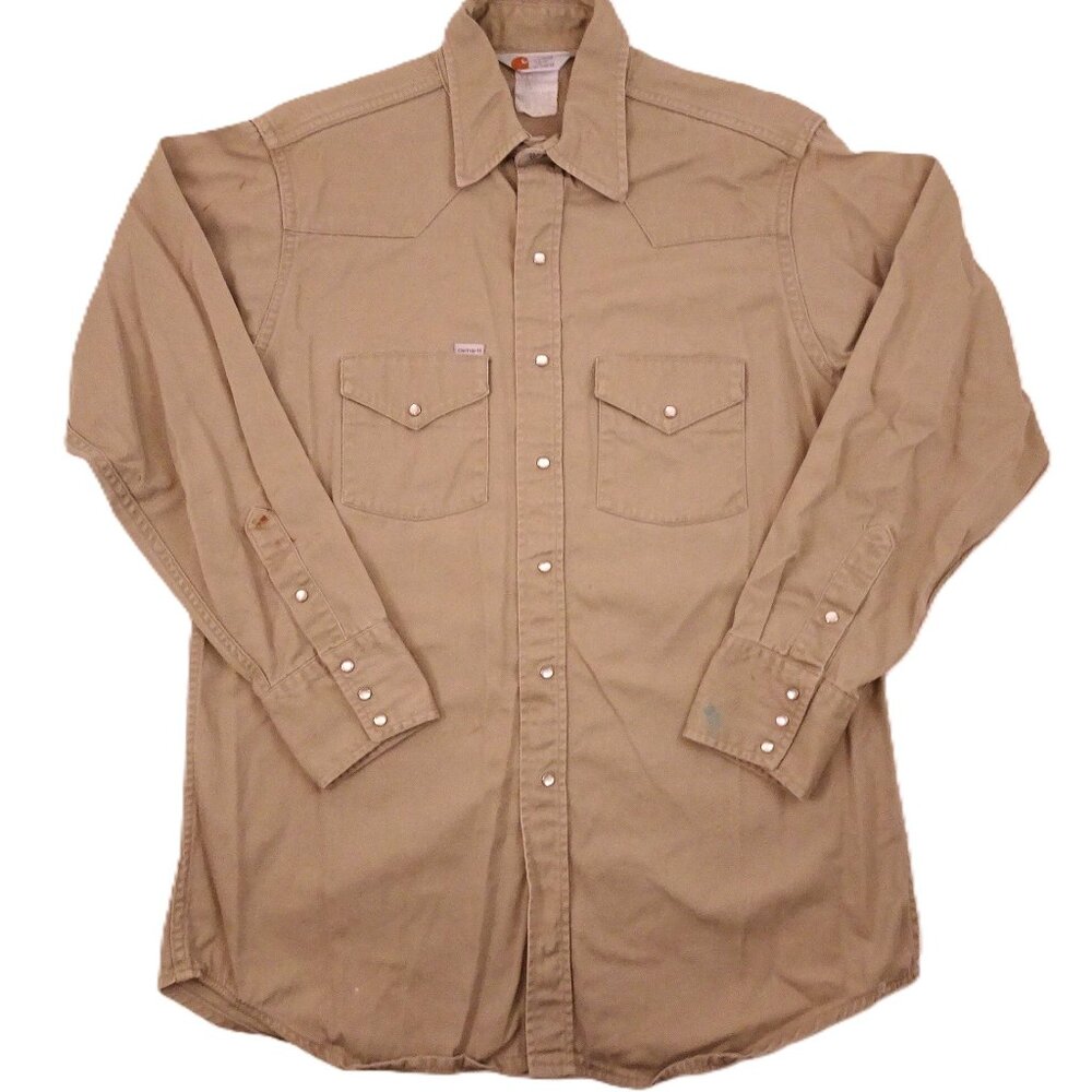 Vtg Carhartt Western Work Shirt Medium? 46" Chest USA Union Made Pearl Snap 80s